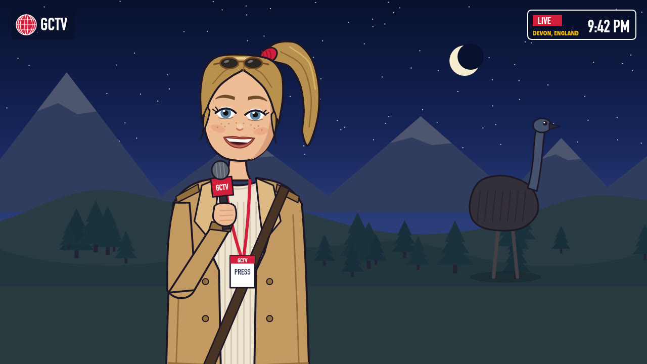 Tess Calloway reporting on location at night with an emu behind her